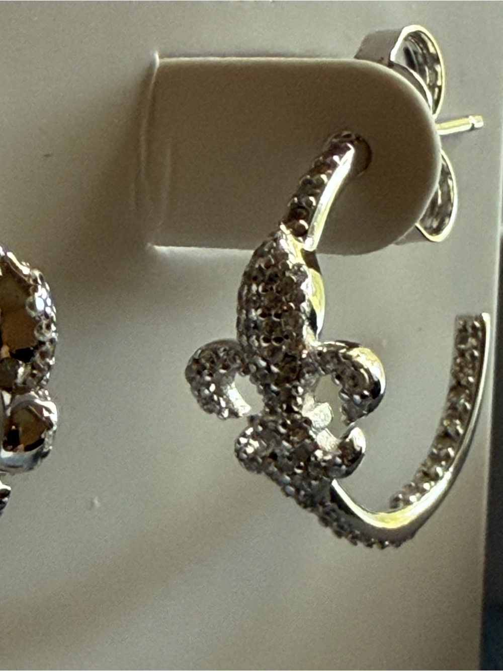 .925 Sterling Silver Fleur-de-Lis Crystal Hoop Earrings